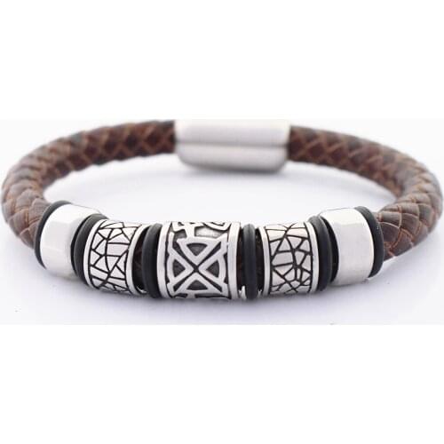 8MM Genuine Braided Leather Bracelet for Men Never Fade Stainless steel Charms Big Hole Viking Bead Bracelets with Magnet Clasp