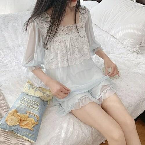 High Quality Womens White Lace Modal Pajamas Sets Summer Gauze Shorts Pyjamas Vintage Princess Sleepwear Home Clothes