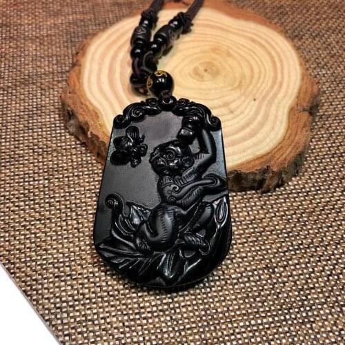 Natural obsidian Zodiac Monkey pendant obsidian Scrub Monkey pendant + with high-end rope to resist evil and heal