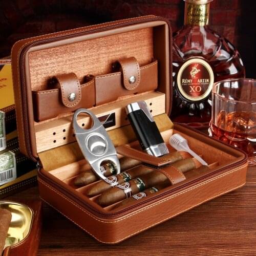 Portable travel wooden box cigar moisturizing box four assembled lighters scissors set