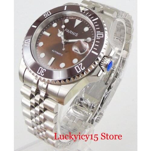 PARNIS Automatic Men Wristwatch Sapphire Glass Jubilee Strap Red Dial Date Window Ceramic Bezel MIYOTA Movement