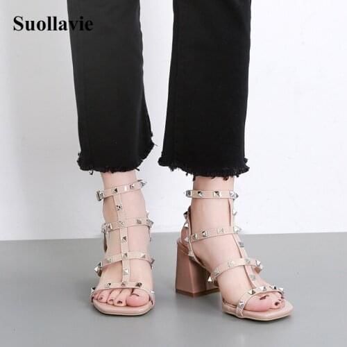 Summer New Solid Women Sandals Thick Heel Rivet Female Popular New Net Infrared Wear Mid-heel Wild Ins Tide Roman Shoes
