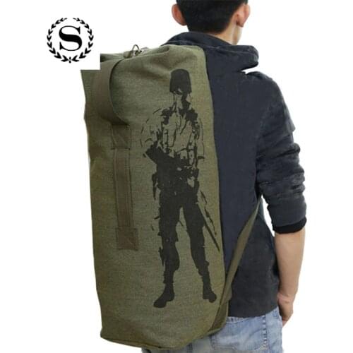 Scione Unisex Drawstring Travel Backpacks Military Multi-function Canvas Shoulder Bags Large Capacity Cylinder Portable Bagpack