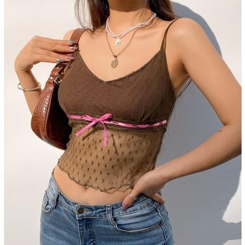SEASONS Brown Sleevless Sexy Spaghetti Strap Top Summer Patchwork Mesh Fishnet Crop Tops Tees Women Backless Camisole ASVE82648