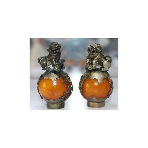 Old Tibet Silver Hand Carved yellow jade Dragon Phoenix Ball Lion Statue Pair Collectible Old Handwork copper Silver Bronze