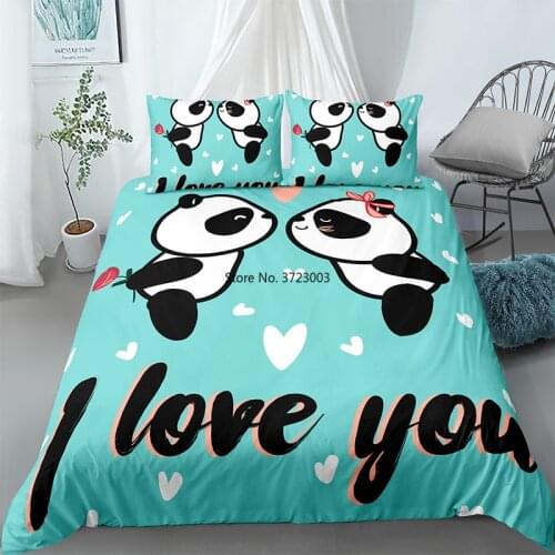 Stylish Green Background Down Bed Cover Pillowcase Cartoon Panda 3D Digital Print Bedding 2/3 Piece Bedroom Home Textile