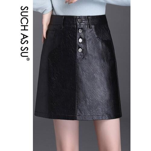 SUCH AS SU Skirts Womens 2020 Autumn Winter Button Pockets PU Leather Black Slim High Waist Female A-Line XS-2XL Mini Skirt