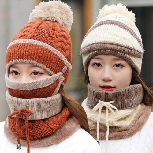 Lady Winter Warm Hats Mask Scarf Full Woolen Knitted Cap Female Plus Velvet Padded Cycling Windproof Ear Protection B-8837