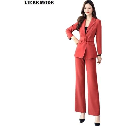 Ladies Formal Business Trouser Suit for Women 2020 2 Piece Set Women Wide Leg Pants Suits Belt Jacket & Blazer and Pants