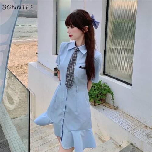 Short Sleeve Dress Turn Down Collar Lady Breasted Solid Trendy Girlish Ulzzang Empire Cool College Summer Simple Popular Chic