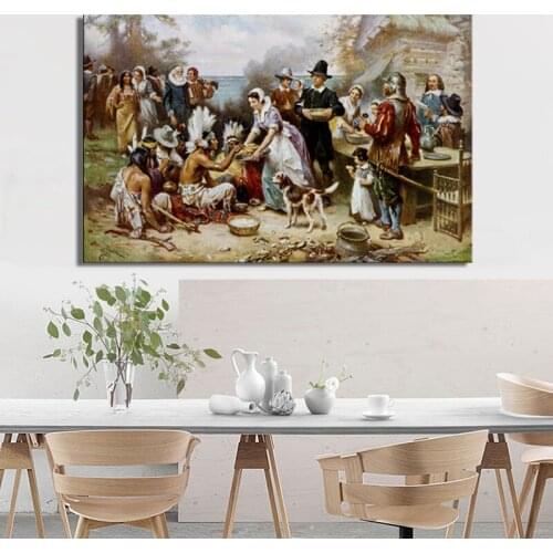 Famous Painting the First Thanksgiving by Jean Leon Gerome Ferris, Posters Print on Canvas Wall Art Decorative Painting for Room