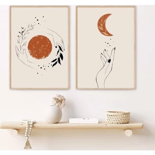 Abstract Mystic Hand Sun and Moon Scene Boho Canvas Prints Painting for Living Room Home Decor No Frame Wall Art Picture Posters