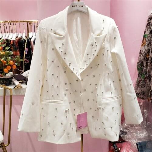 White Blazer Lady 2021 Spring New European Style Fashion Industry Rhinestone All-Matching Loose Suit Jacket Womens Loose Coat