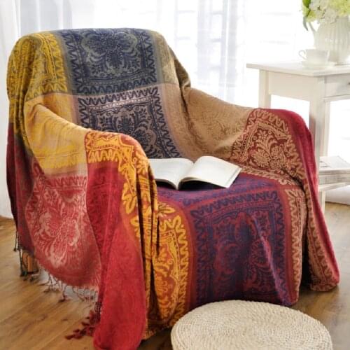 Bohemian Chenille Blanket for Couch Sofa Decorative Slipcover Throws Plaid Rectangular Boho Stitching Travel/Plane Blanket