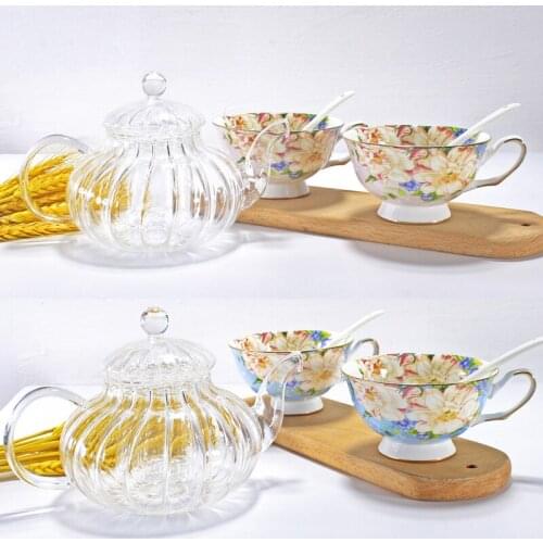 3pcs set, clear glass tea pot and bone china tea cups, pumpkin design coffee pot, tazas tea set, delicate tea ceremony set