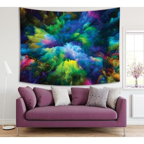 Tapestry Abstract Artwork Imagination Nature Volcano Trees Forest Mountain Colorful Blue Green Yellow Pink