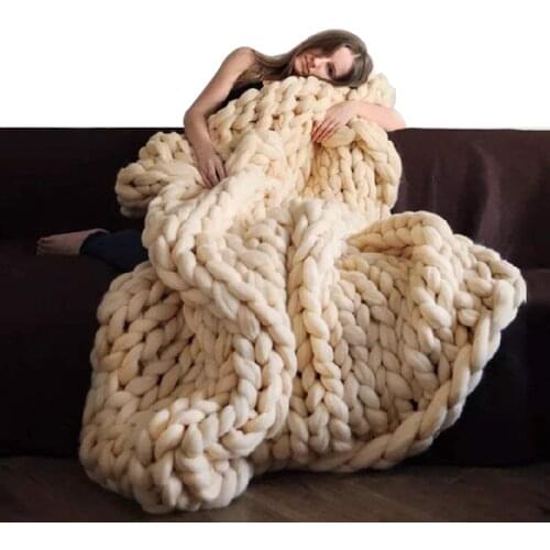 Hand Chunky Knitted Blanket Thick Yarn Merino Wool Bulky Knitting Throw Nordic Knitted Blankets on the beds Fluffy sweater
