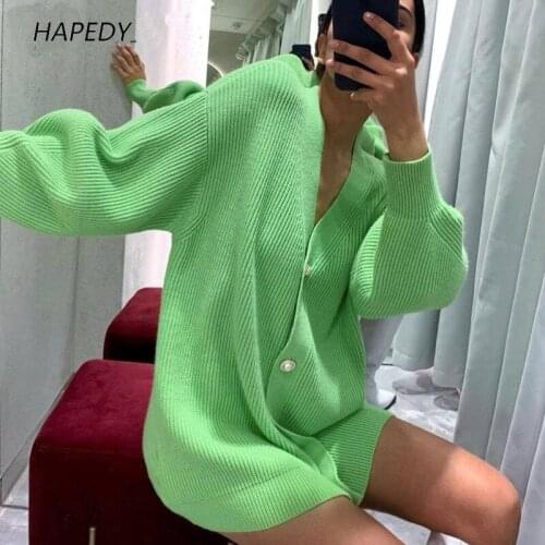 HAPEDY Casual Long Knitted Cardigan Women Autumn Winter Yellow Cardigan Lantern Sleeve Loose Female Buttons Sweaters Knitwear