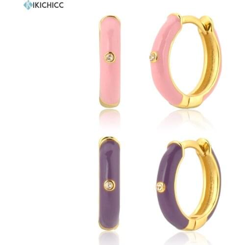 Kikichicc 925 Sterling Silver Gold Enamel Pink Purple Circle Hoop Women Piercing Ohrrigne Pendientes Crystal Zircon Jewelry