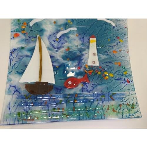 Lighthouse Serving Plate Fused Glass Art 22cm Turkish Handmade Special Design Evil Eye Kitchenware Made in Turkey