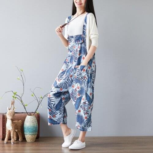Mori Girl Baggy Denim Jumpsuits Leaves Print Holes Ripped Bib cowboy Wide leg Pants Suspenders Harem Rompers Cute Jeans YT094