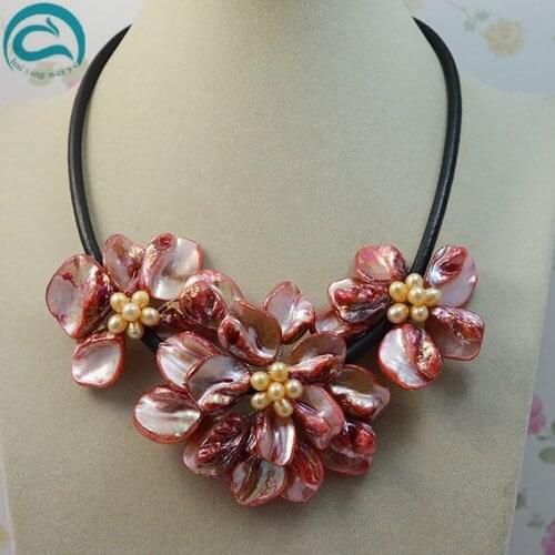 LuckJewelry Store Red Shell Flower Jewelry Genuine Freshwater Pearl Black Real Leather Necklace Wedding Birthday Women Gift