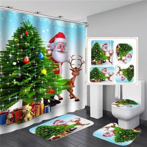 Christmas Shower Curtain Set With Bath Mat Anti-slip Carpet Bathroom Partition Waterproof Home Decor Red Santa Claus Printed