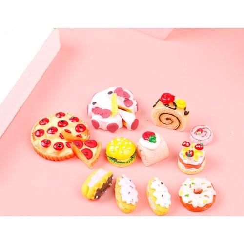 Random 10pcs/set Dollhouse Miniature Dessert Food Strawberry Bread Donuts Birthday Cake Play Food for Doll Accessories
