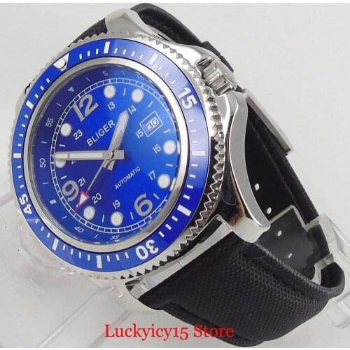 Sport Style BLIGER Blue 44mm Silver Color Self Winding Men Watch MIYOTA Movement Rotating Bezel Date Window
