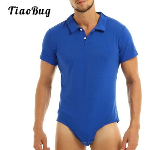 Dance Leotard Mens Short Sleeve Turn-Down Collar Shirt Leotard Bodysuit Dancer Romper Snappies Button Down Pajamas