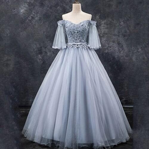 Fashion Lace Appliques Quinceanera Dresses Elegant Boat Neck Formal Ball Gown Vintage Tulle Half Sleeve Party Prom Dress