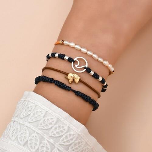 Vintage Leather Rope Natural Pearls Beaded Bracelets For Women Men Handmade Star Unicorn Waves Chain Couple Bracelets Jewelry