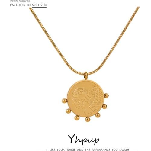 Yhpup Charm Metal Texture Round Bead Pendant Necklace Women 316L Stainless Steel Titanium Steel Jewelry Simple Choker Collier