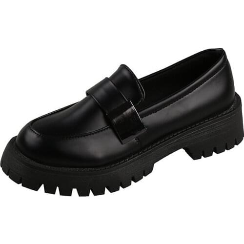 Woman Solid Black PU Leather Loafers Zapatos De Mujer Dropshipping 2020 Casual Women Slip on Flats Round Toe Platform Shoes