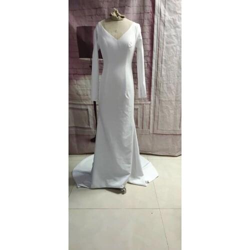 Elegant Long Satin Mermaid V-Neck Wedding Dresses with Sleeves Pleated Floor Length Button Back Ivory Bridal Gowns for Women