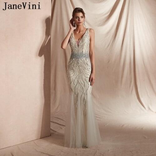 JaneVini Luxury Beading Long Evening Dresses for Women Sexy Deep V Neck Mermaid Sleeveless Floor Length Lace Formal Party Gows