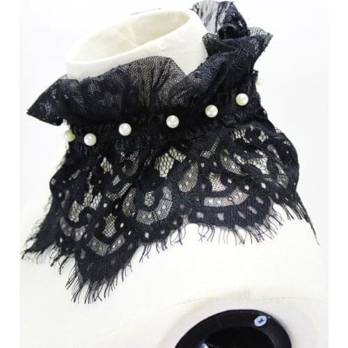 40GC Pleated Ruffles Stand Fake Collar Crochet Lace Imitation Pearl Necklace Choker Tie for Women Wedding Party Clothing Decor