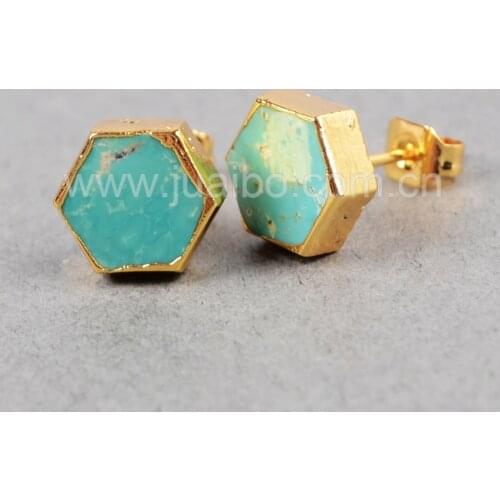 BOROSA 5pairs Fashion Gold Color Hexagon Natural Turquoises Earrings Blue Howlite Studs Earring Jewelry for Women Ladies G0611