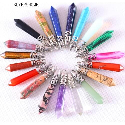 Men Women Jewelry Gift Natural Stone Beads Green Malachite Aventurine Gold Tiger Eye Hexagonal Column Pendant For Necklaces 1Pcs