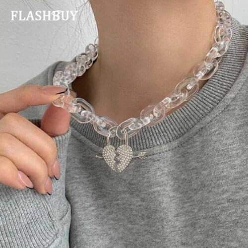 Flashbuy Fashion Full Rhinestone Heart Lock Pendant Necklaces Women Men Transparent Acrylic Chain Choker Necklace Jewelry