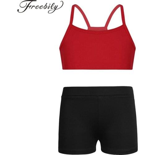 Kids Stretchy Crop Top with Shorts Set Girls Ballet Gymnastics Activewear Sports Workout Fitness Stage Performance Dancewear