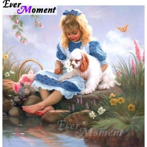 Ever Moment 5D DIY Diamond Painting Cross Stitch Girl Dog Flower Mosaic Full Square Drills Rhinestone Artwork ASF1179