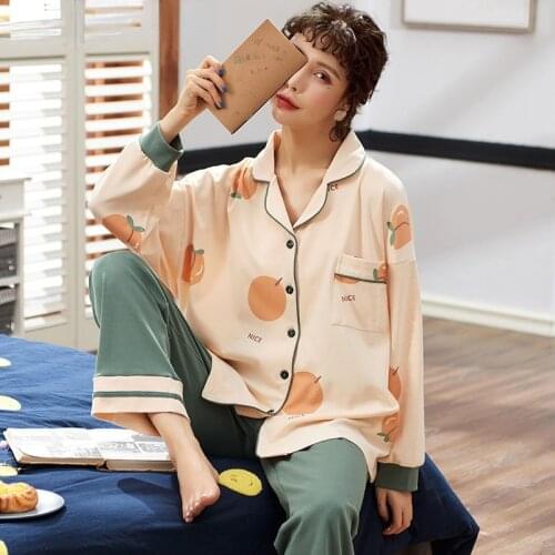 Womens sets 2 Pieces Cartoon Pajama Long Sleeve Lovely Pure Cotton Various Graffiti Printed Home Clothes Suit 3XL 4 Season