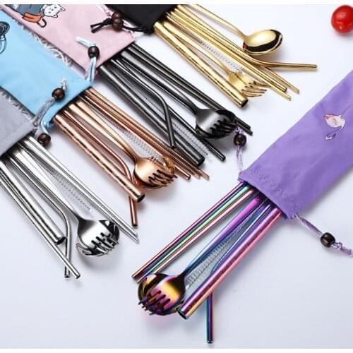 8pcs/set Portable Cutlery Set 304 Stainless Steel Flatware Set Chopsticks Fork Spoon Straw Sets Travel Set Party Wedding Gifts