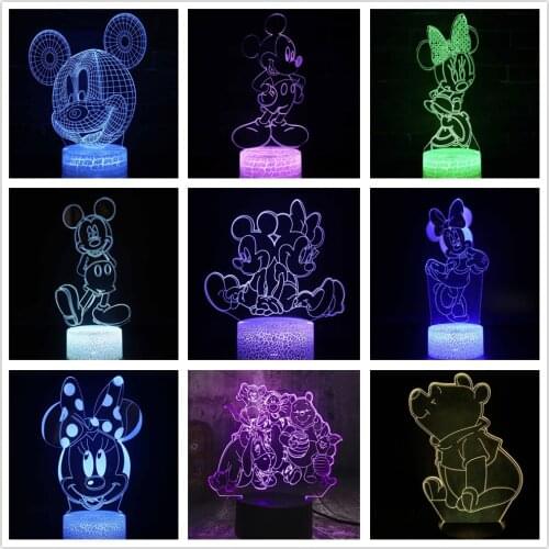 Disney Mickey Mouse Night Lights Pooh Bear Cartoon Lampara Cute Decor Visual Lighting Xmas Gift Colorful Kids Doll Led