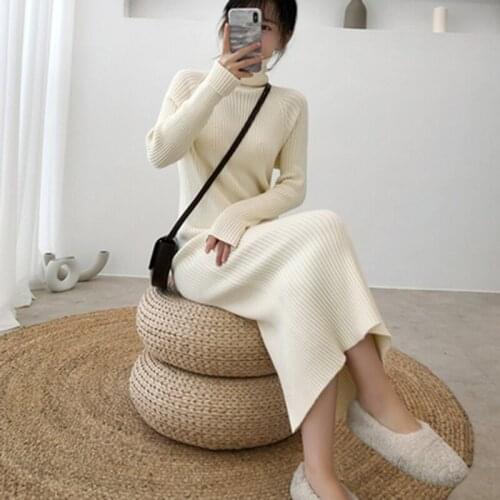 Autumn Winter 2021 New Womens Dress Loose long Turtleneck Sweater Dresses Female Solid Thicken Elegant Knit Pullover