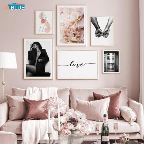 Lover Holding Hands Nordic Canvas Poster Women Flower Wall Art Print Painting Decorative Picture Black And White For Living Room