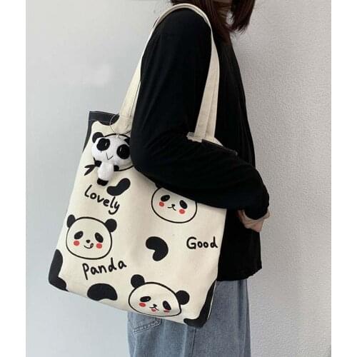 Women Canvas Shoulder Bag Panda Print Ladies Shopping Bags Cotton Cloth Fabric Grocery Handbags Tote Books Bag For Girls