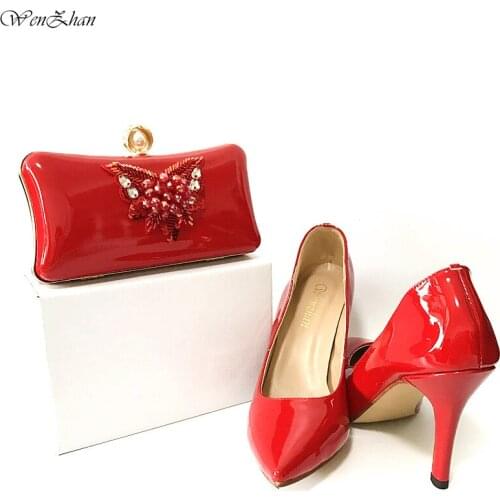 Wedding Red High Heel Shoes And Bags To Match Patent Leather 10cm Handmade Soft Shoes With Matching Bags For Party 36-43 WENZHAN