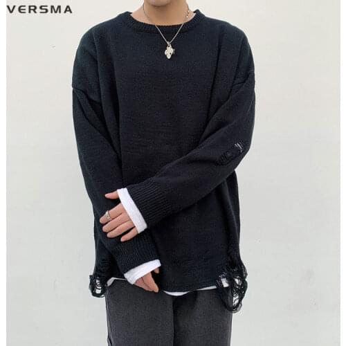 VERSMA Japanese Harajuku White Ugly Christmas Sweater Men Women Hip Hop Ripped Oversized Standard Sweaters for Couples Plus Size